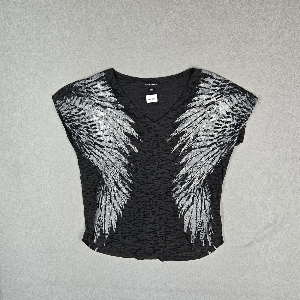 Rock & Republic Women Shirt XL Black Angel Wing Grunge Glitter V-Neck Witchy